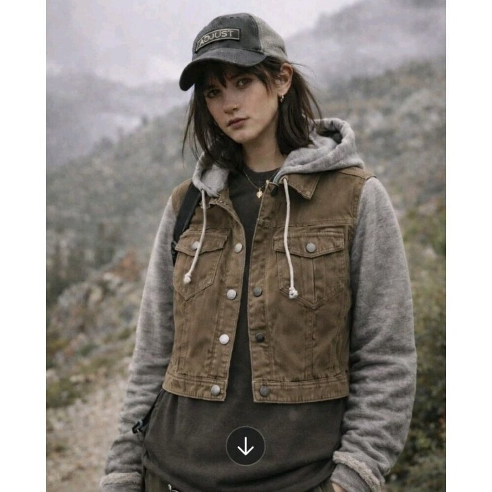 Tinseltown Denim Couture Womens Hooded Jacket Cropped Gorpcore Grunge Utility XL